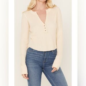 Free People Cream Waffle Henley Long Sleeve Top